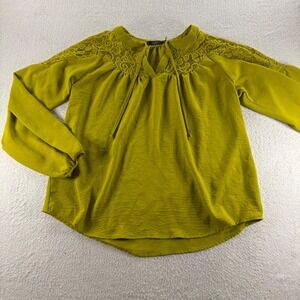Cure Lace Shoulder Blouse Womens‎ L Tie Neck Long Sleeve Top Yellow Fairy Boho